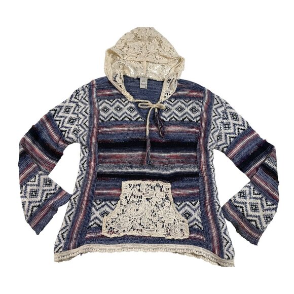American Rag M Crochet Trim Boho Hoodie Sweater Multicolor Cotton Blend Indie - Picture 1 of 12